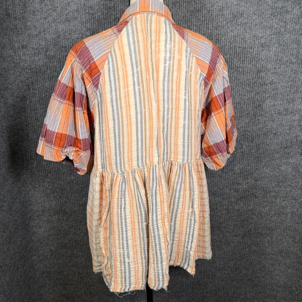 We The Free Plaid Oversized Babydoll Tunic Top S Pockets Puff Gauze Boho Western